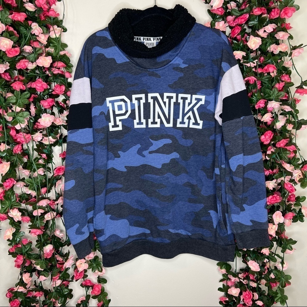 Pink Victorias Secret Blue Camo Sherpa Pullover Sweater Womens Small Casual